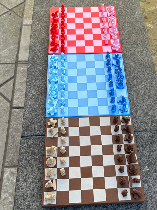 Set of dog themed chess on a stone surface