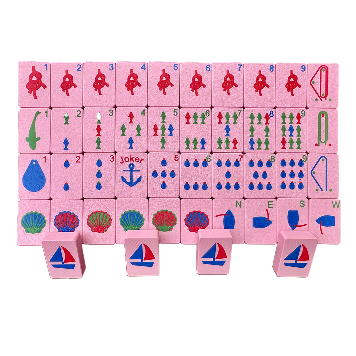 Set of pink mahjong travel tiles with a nautical theme.