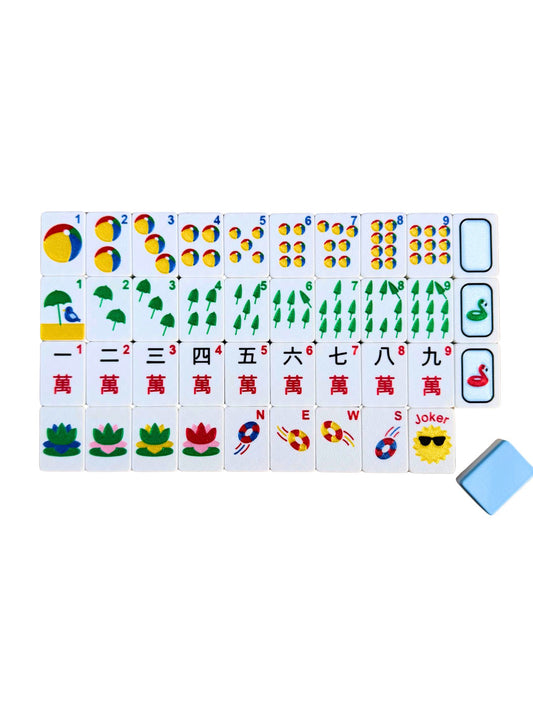 Set of colorful pool theme mahjong tiles with various symbols on a white background