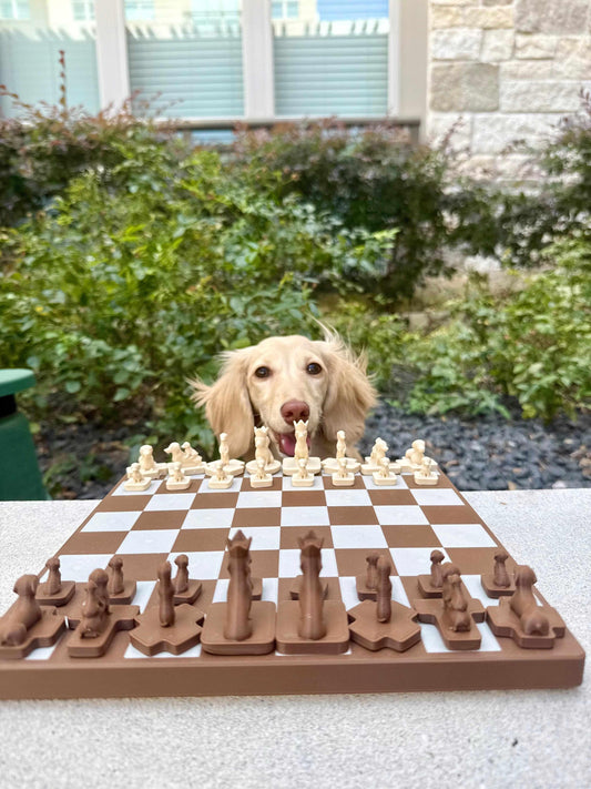 Brown and cream Wiener Dog Chess set on a chessboard with a real dachshund in the background.