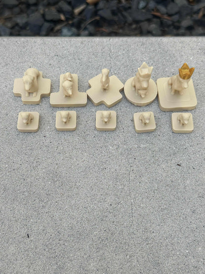 Wienerdog Chess full cream-colored dachshund chess piece set including pawns, knight, rook, bishop, queen, and crowned king