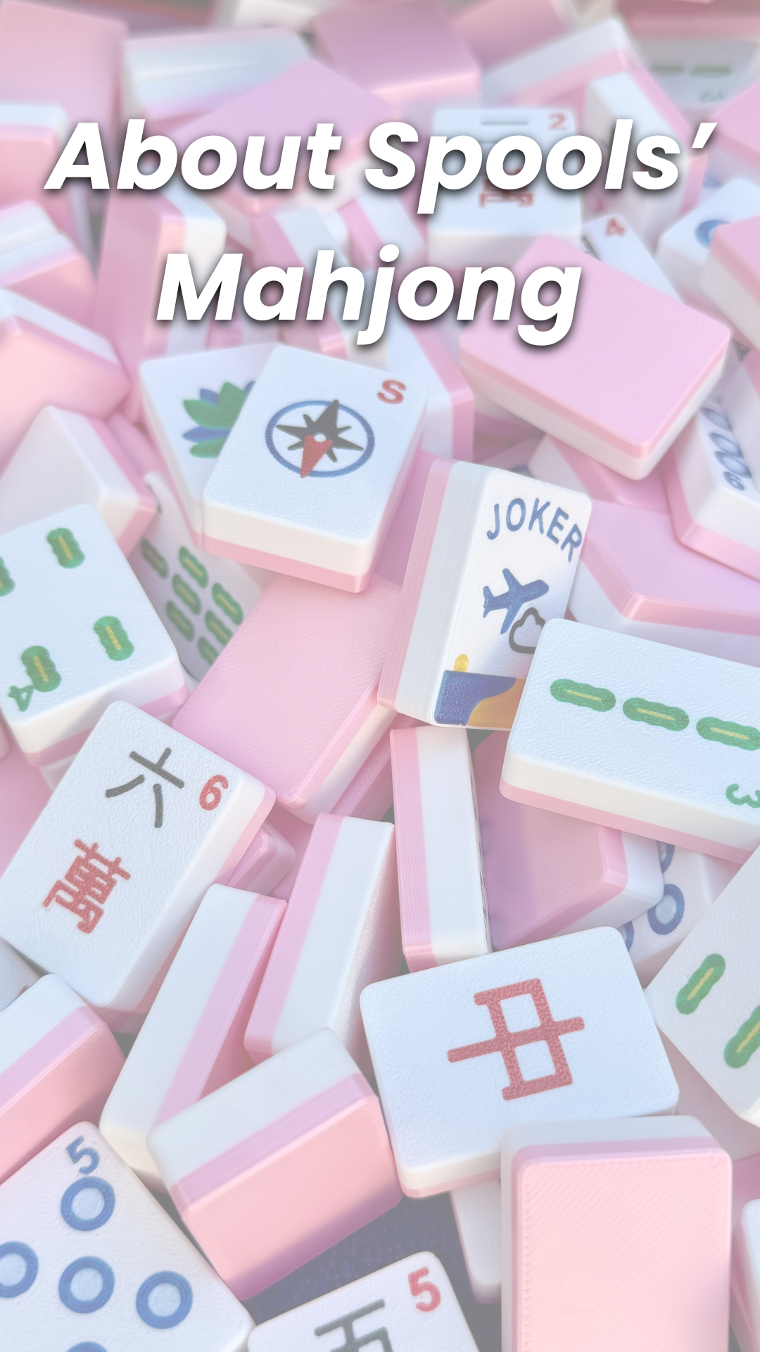 Load video: A 90-second video of Spools founder explaining how the full-size travel Mahjong tiles, racks, and pusher work, and how the travel bundle is used for on-the-go play.
